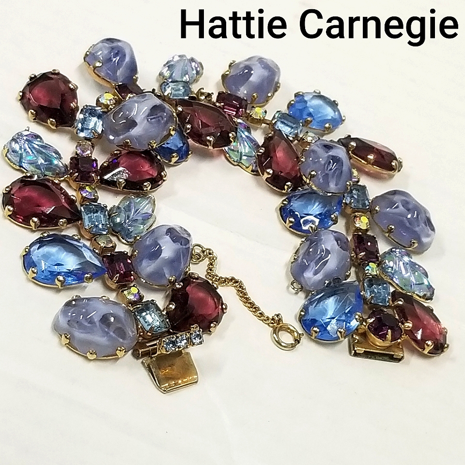 Hattie Carnegie Vntg Gripoix Art Glass Shades Of Blue Amethyst Crystal Bracelet